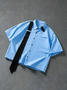 ROMWE MEN Men's Patchwork Loose Short Sleeve Shirt With Tie - Blue - View 1