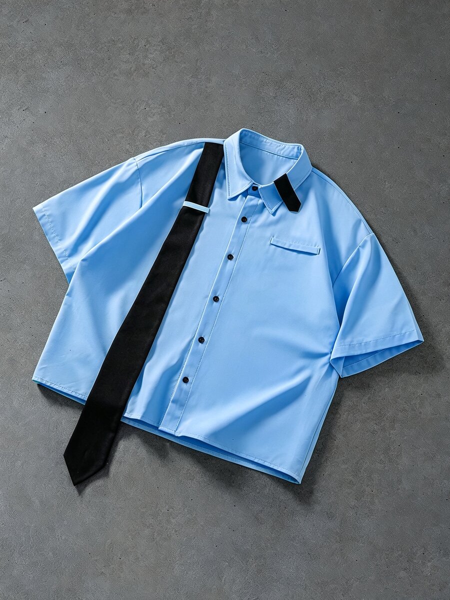 ROMWE MEN Men's Patchwork Loose Short Sleeve Shirt With Tie - Blue - View 1