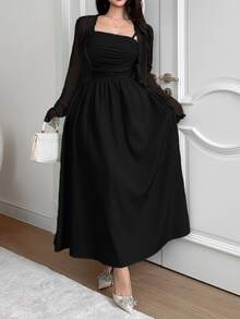 Feyla Plus Size Women Solid Color Pleated Cami Dress And Cardigan Casual 2 Pieces Set - Black - View 3