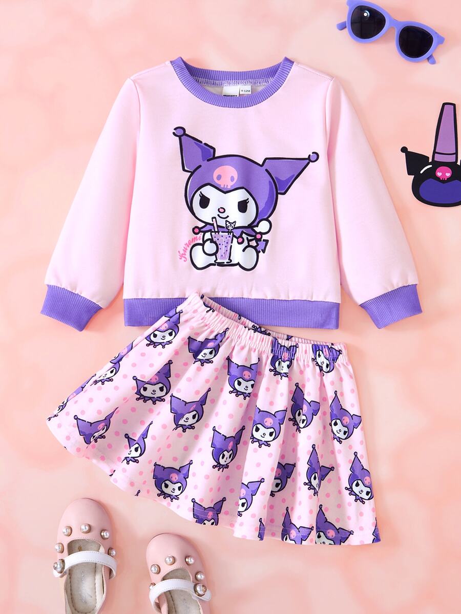 HELLO KITTY AND FRIENDS | SHEIN Baby Girl | Crew Neck Cartoon Graphic Cute Sweatshirt And Skirt Set - Multicolor - View 1