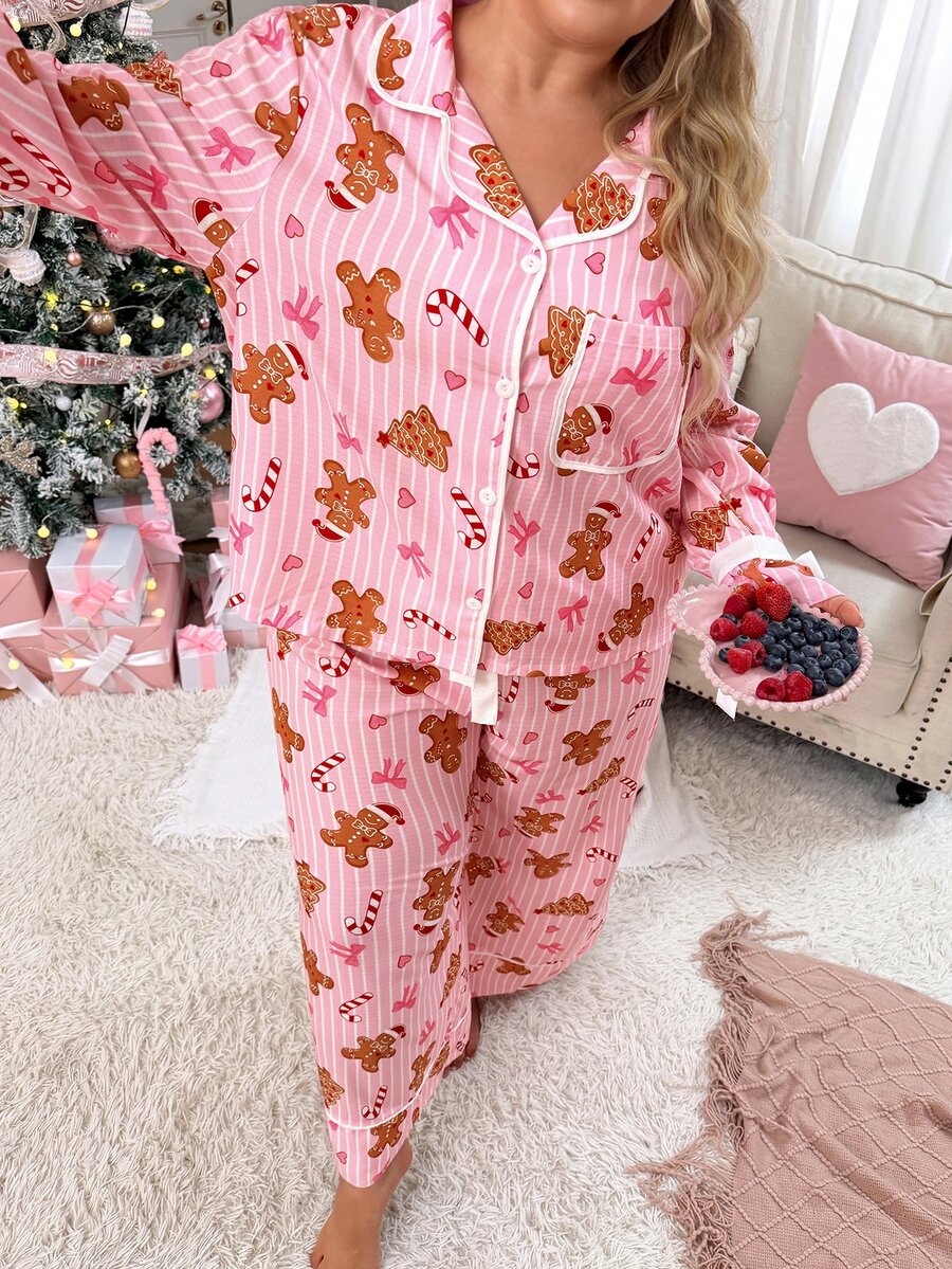 Slumberry CURVE Striped Heart Print Lapel Front Button Bowknot Long Sleeve Plus Size Pajama Set - Pink - View 1