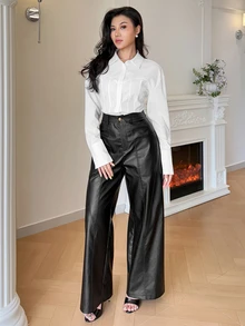 Modelyn Women's Solid Color High Waist PU Leather Wide Leg Loose Elegant Long Pants - Black - View 5