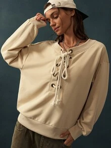 Bohemela Women's Round Neck Drawstring Tie Long Sleeve Solid Color Sweatshirt Everyday Beige Autumn Casual Streetwear - Apricot - View 2