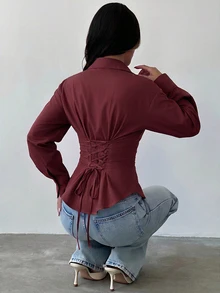 Firerie 女款酒紅色長袖襯衫，後腰綁帶收腰設計，春夏秋冬四季穿著，優雅休閒風，適合辦公室日常 - 酒紅色 - 查看 7