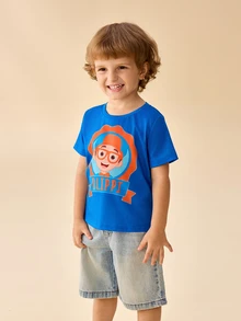 Blippi X SHEIN تي شيرت مطبوع بياقة دائرية وأكمام قصيرة للأولاد الصغار - الأزرق - مشاهدة 4