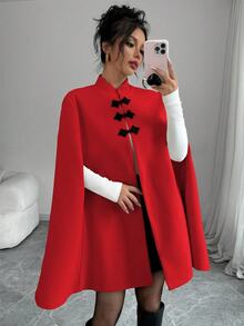Elenzga 女款 A 字版型披風大衣 立領 中式盤扣 優雅紅色 中國風 國慶聖誕適用 - 紅色 - 查看 4