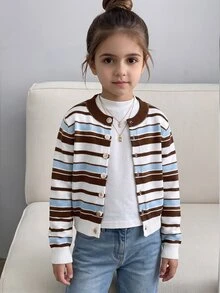 SHEIN 女童秋/冬黃色修身圓領針織開襟衫，基礎款外套，適合海邊度假、冷氣房、開學季、優雅派對等場合，適合秋冬穿著 - 彩色 - 查看 7