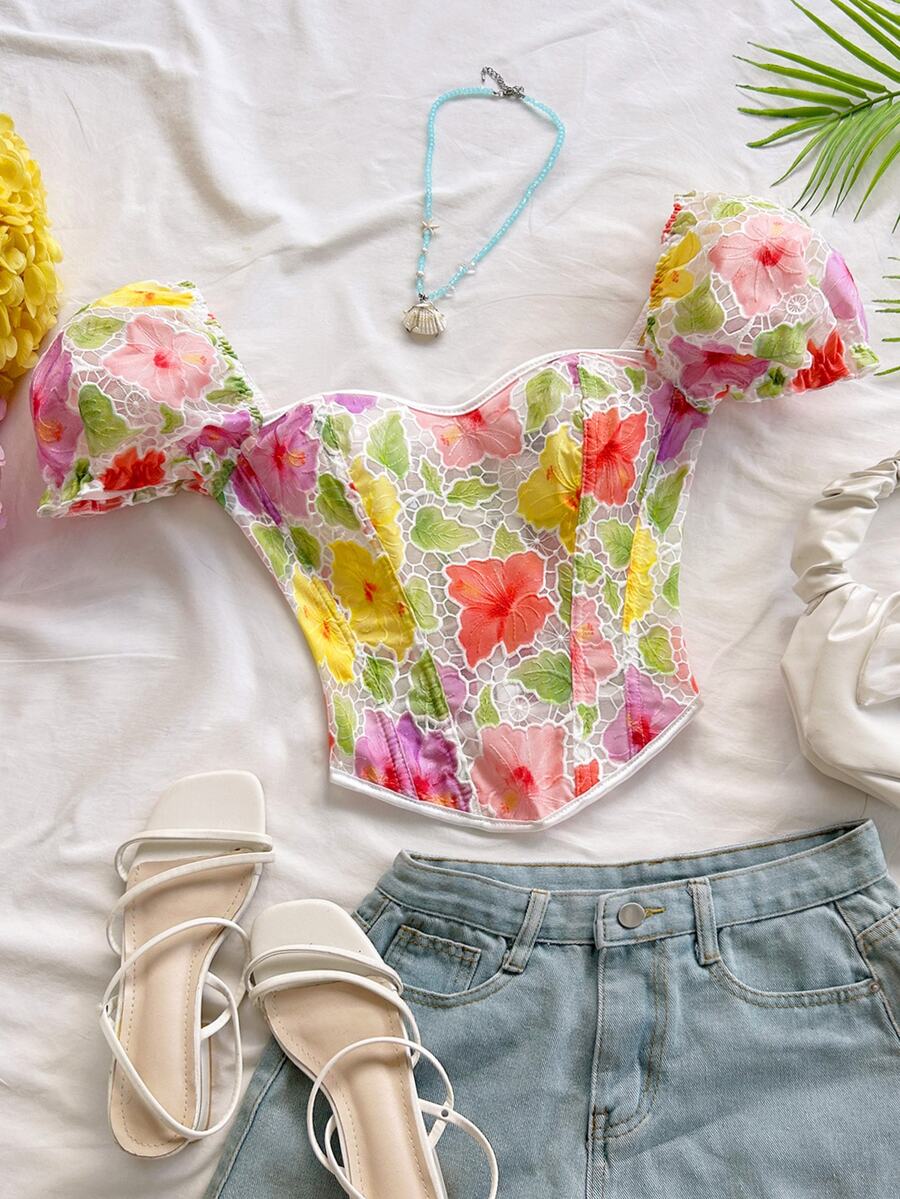 Soleia Corset Top For Women Sexy Textured Sheer Floral Lace Bustier Going Out Lace-Up Corset Overbust Top - Multicolor - View 1