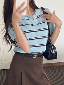 Livesso 素色修身梭織標籤 Polo 領春夏季通勤休閒女款針織上衣 - 藍色 - 查看 4