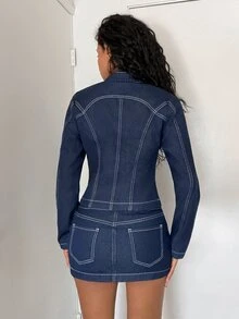 Jeanoix Women's Y2K Stand Collar Zipper Washed Denim Jacket - Dark Wash - View 2