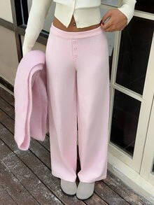 CovetEZ Women's Solid Color Casual Daily Wear Knitted Long Pants - Pink - View 1