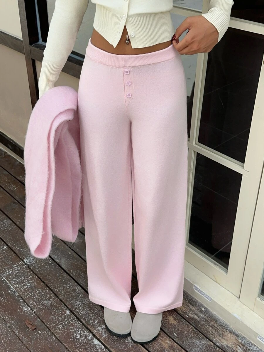 CovetEZ Women's Solid Color Casual Daily Wear Knitted Long Pants - Pink - View 1
