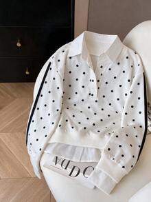 INAWLY Women's Polka Dot Colorblock Casual Daily Long Sleeve Sweatshirt - White - View 1