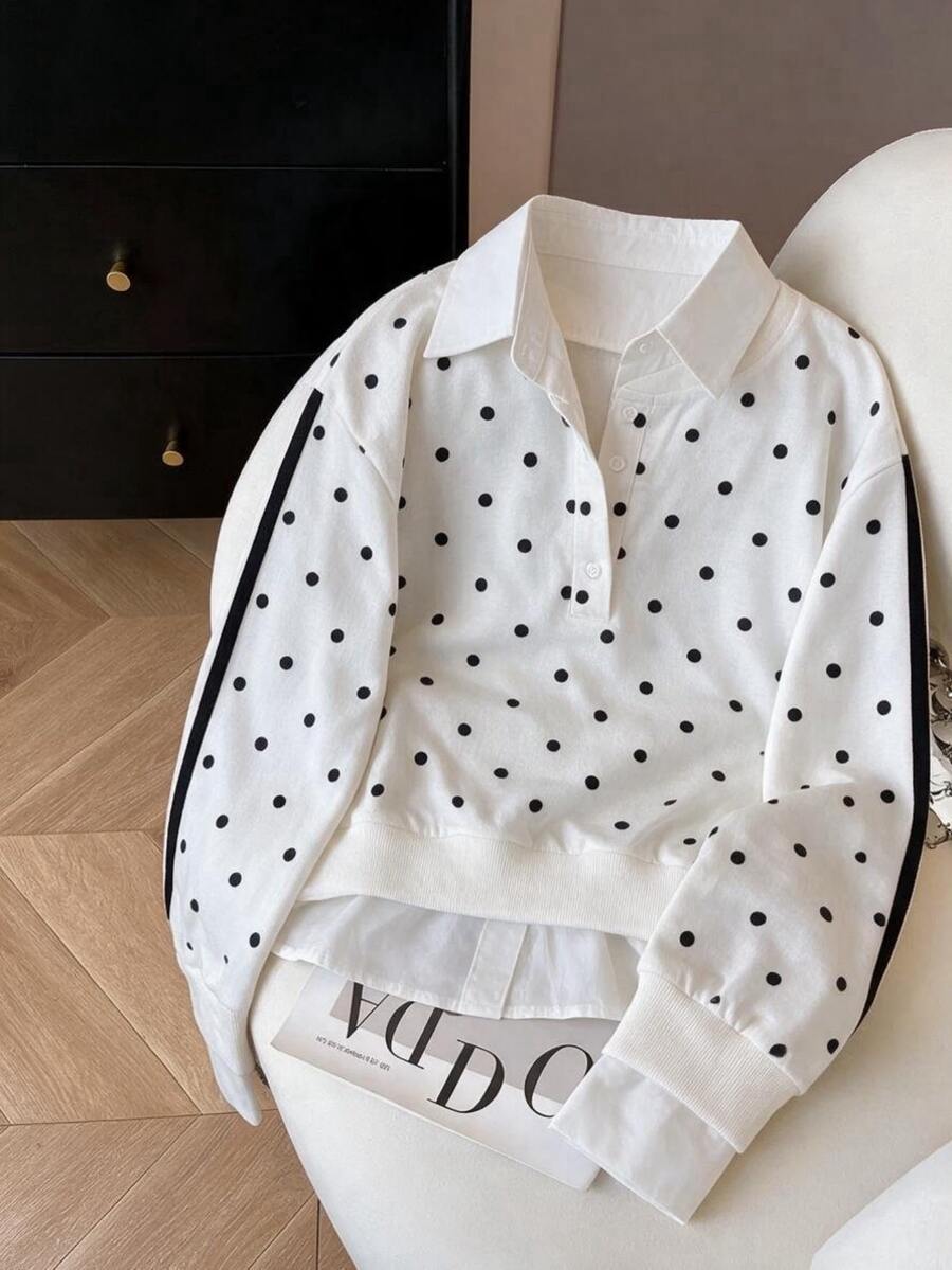 INAWLY Women's Polka Dot Colorblock Casual Daily Long Sleeve Sweatshirt - White - View 1