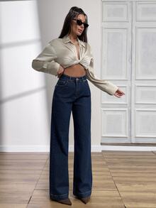 SHEIN Warm Fabric High Waist Casual Style Dark Blue Raw Wash Regular Fit Button Front Straight Jean - Dark Wash - View 3