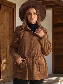 EMERY ROSE Plus Drawstring Waist Button Front Coat - Brown - View 4