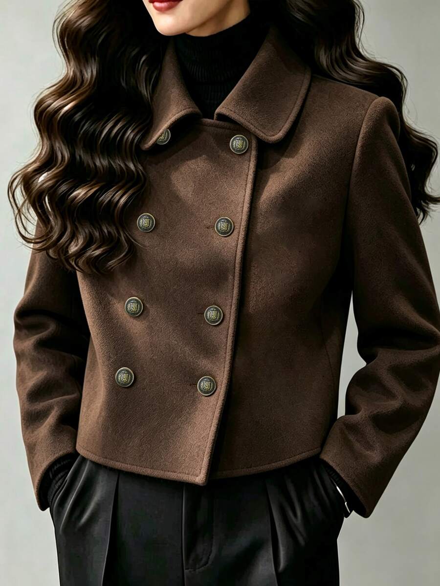 SHEIN Women's Commuter Street Minimalist Fashion Casual Versatile Brown Lapel Double-Breasted Bronze Button Long Sleeve Napoleon Style Overcoat, Suitable For Outings, Gatherings With Friends, Home, Shopping, Entertainment, Work And More, All-Match Style With Comfortable Fabric, Unique Design, High Cost-Performance, Suitable For Spring, Autumn And Winter