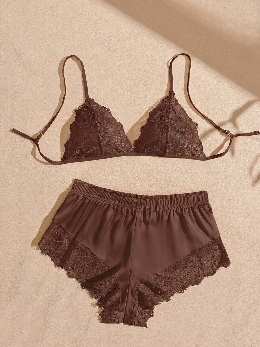 Lullawish 女款蕾絲細肩帶上衣與短褲性感睡衣套裝 - 棕色 - 查看 1