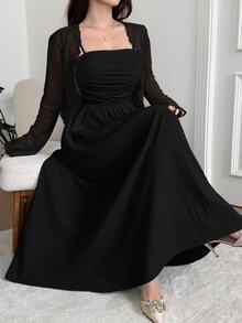 Feyla Plus Size Women Solid Color Pleated Cami Dress And Cardigan Casual 2 Pieces Set - Black - View 5