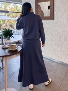 Solavon Women's Embroidered Zipper Half-Placket Sweatshirt And Long Skirt Arabic Outfit Set - Blue - View 6