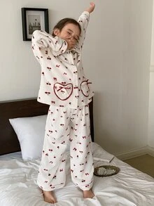 DAZY Girls (Large) Lapel Long Sleeve Cherry Pattern Top + Straight Leg Pants Casual 2 Pieces Set - White - View 3
