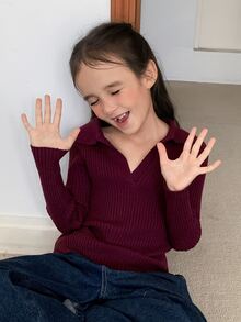 Dazy Kids Tween Girl) Fitted Knit Sweater, Basic Turn Collar Inner Layer, Slim Fit Knit Top - Burgundy - View 2