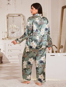 MuseNap CURVE Women's Plus Size Leopard & Floral Print Front Button Trim Patch Pocket Long Sleeve Pants Pajama Set, Loungewear Set, Autumn/Winter - Green - View 3