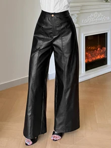 Modelyn Women's Solid Color High Waist PU Leather Wide Leg Loose Elegant Long Pants - Black - View 4