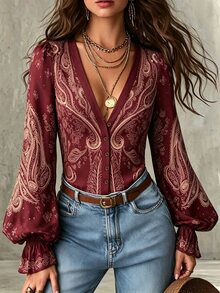 Glimmora Women's Spring/Autumn New Bohemian Style Vacation Print Deep V-Neck Button Decor Open Front Blouse With Cinched Waist And Extra Long Flared Sleeves - Burgundy - View 3