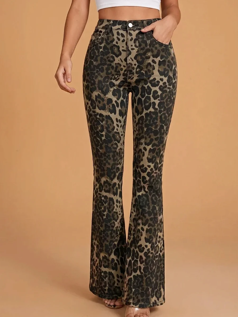 Selenza Women's Leopard Print Button Pocket Casual Daily Denim Long Pants - Multicolor - View 1