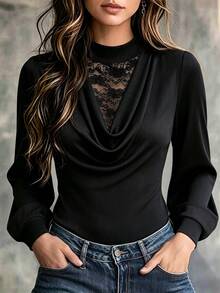 SHEIN Women's Sexy Round Neck Lace Patchwork Long Sleeve Fitted Business Office Casual Date Party Outing T-Shirt - Black - View 3