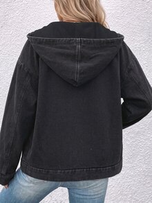 SHEIN LUNE Women's Hooded Zipper Pocket Denim Jacket - Dark Grey - View 2