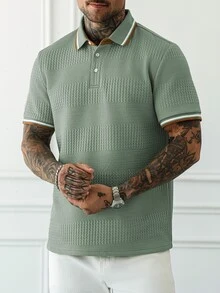 Manfinity Homme 男士大尺碼休閒 Polo 衫，對比領設計，正式款 - 綠色 - 查看 6