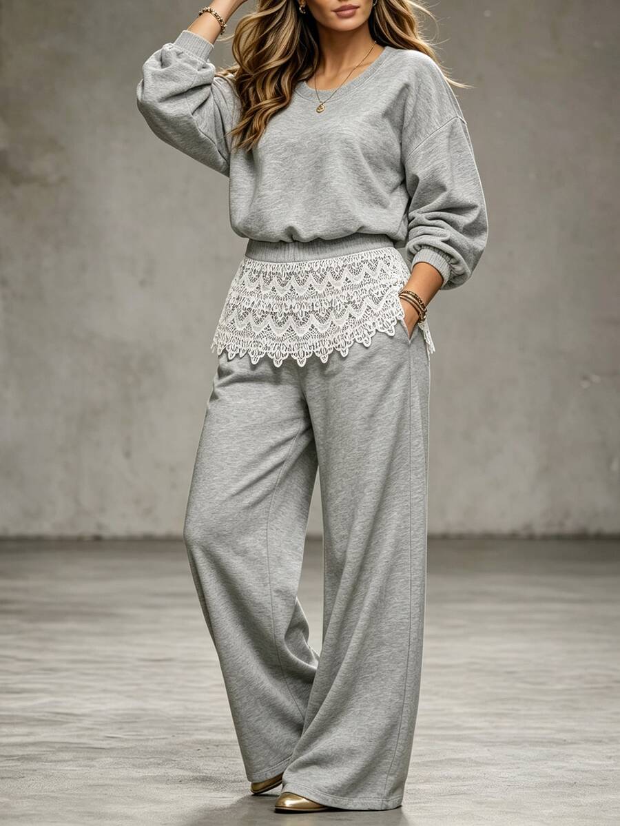 Linhara CURVE Plus Size Women's Slouchy Short Drop Shoulder Sweatshirt & Wide Leg Pants Set, Lace Patchwork Casual 2 Pieces Set, Plus Size Lace Patchwork Casual Sweatshirt & Wide Leg Pants Floral Grey 2 Pieces Set - Grey - View 1
