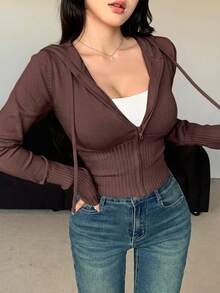 DAZY 女款純色修身長袖連帽拉鍊開襟針織外套 - 咖啡棕 - 查看 4
