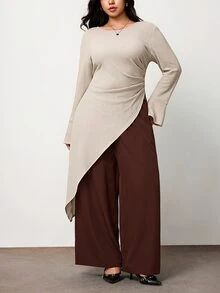 Truni Kemeja Wanita Plus Size Elegan Potongan Longgar Flare Lengan Panjang untuk Bentuk Tubuh Pir dan Segitiga - Aprikot - View 5