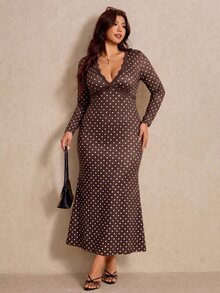 Elaquor Plus Size V-Neck Long Sleeve Polka Dot Mermaid Dress Fall - Coffee Brown - View 4