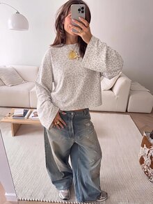 SHEIN EZwear 海外長袖奶油白豹紋印花T恤，秋季上衣，適合日常通勤、聚會、秋冬/夏季、聖誕節、新年、感恩節、派對、婚禮、海灘、畢業典禮、優雅、外出、約會、通勤、情人節、優雅、度假、Y2K、畢業典禮等場合 - 彩色 - 查看 6