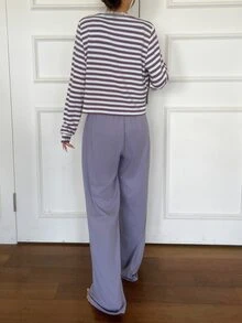 DAZY Women's Striped Long Sleeve Top, Bow Decor Tank Top And Pants Pajama Set - Purple - View 2
