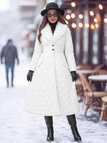 Editum Women's Comfortable Button-Up Waist-Cinching Fur Collar Padded Coat - White - View 4