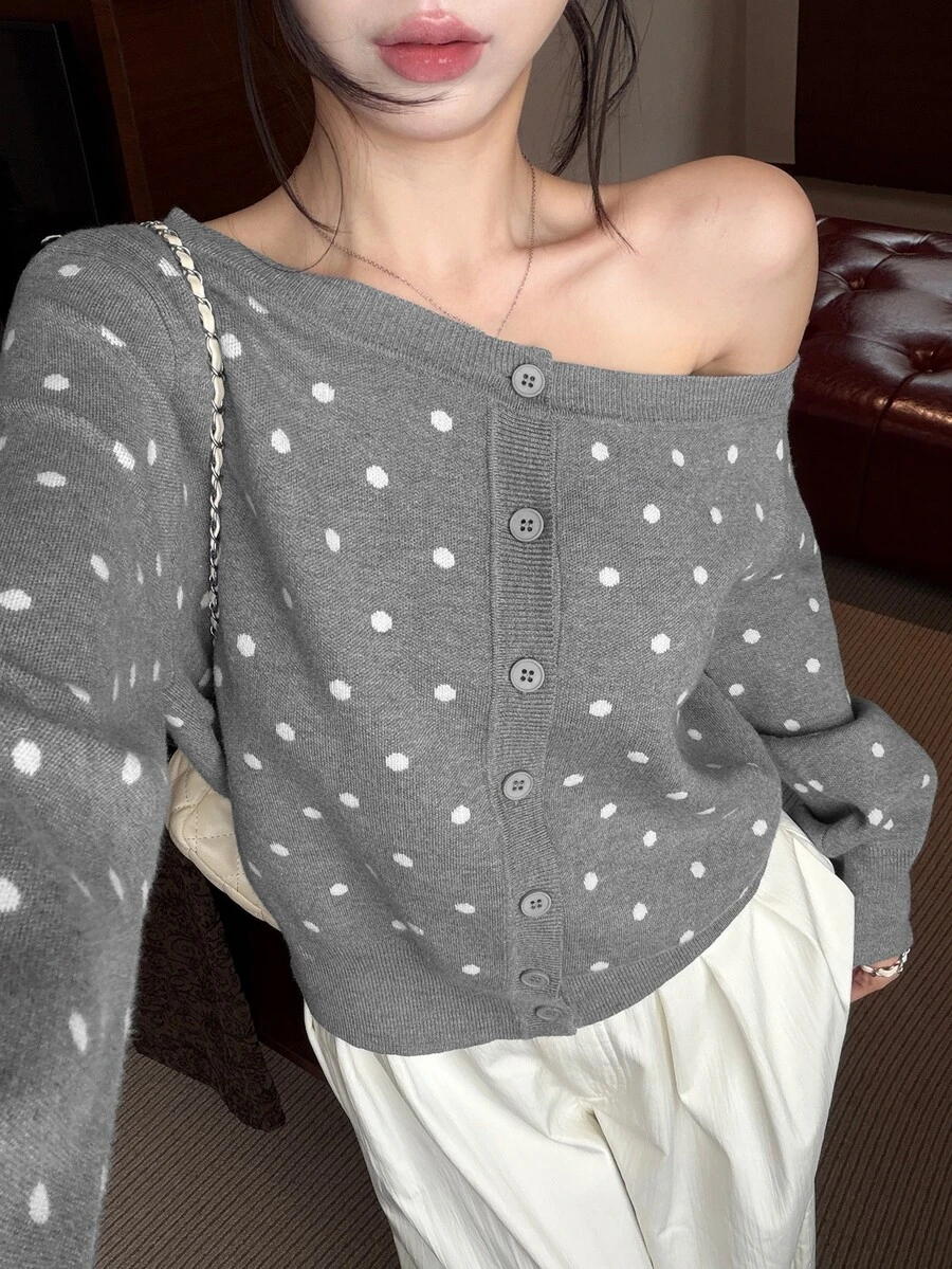 DAZY Women's Korean Style Jacquard Single-Breasted Asymmetrical Shoulder Knit Cardigan - Grey - View 1