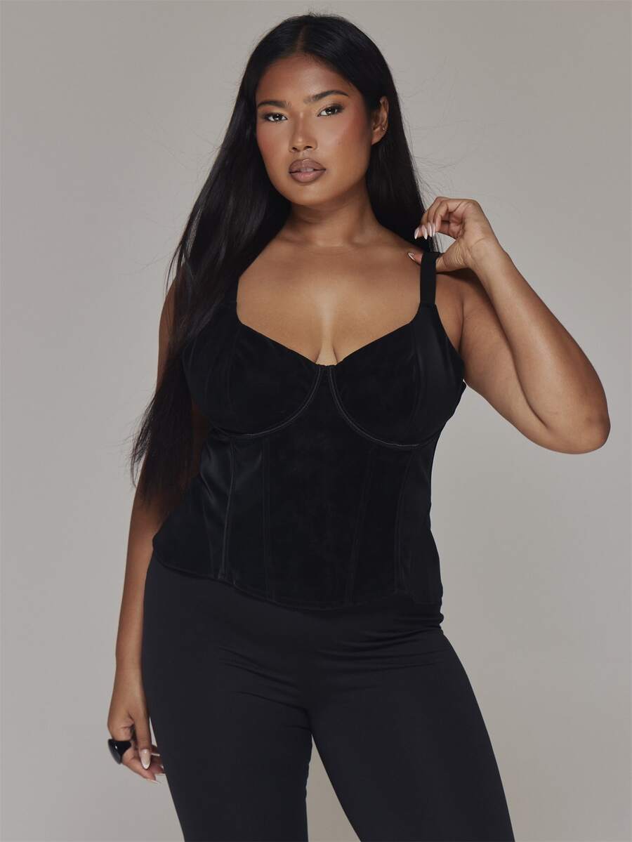 MUSERA Black Fitted Lace Back Detail Corset Top Casual Cool Basic Fall Winter Autumn - Black - View 1