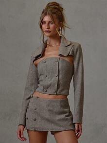 MUSERA Grey Tweed Micro Jacket With Bandeau Top Set Fall Winter Everyday Causal Going Out Cool Girl Festival Forces - Army Green - View 3