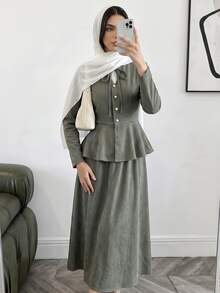Solavon Women's Solid Color Long Sleeve Top And Skirt Casual Two Pieces Set - Army Green - View 7