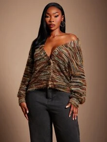SHEIN SXY كارديجان صوف صناعي مفتوح من الأمام بأكمام طويلة وقصة فضفاضة بخيوط مختلطة باللونين الأصفر والبني - متعدد الألوان - مشاهدة 4