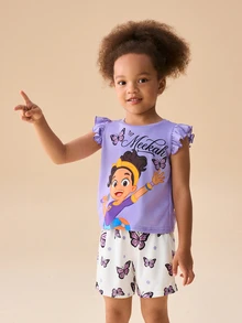 Blippi X SHEIN Set Kasual Sehari-hari untuk Anak Perempuan: Kaos Lengan Bergelombang Motif Kartun dan Celana Pendek - Mauve Purple - View 7