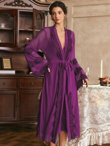 Côtesoire Women's Lace Patchwork Camisole Dress And Robe Casual Loungewear Sleepwear Set - Purple - View 5