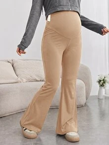 SHEIN Maternity Solid Color Adjustable Waist Casual Flare Pants Fall - Khaki - View 3