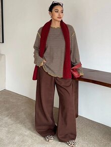 Livesso 超寬鬆條紋長袖黑白春秋季T恤 - 黃色 - 查看 3
