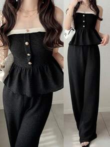 FRIFUL Women's Sweet 2 Pieces Set With Contrast Trim Ruffle Patchwork Loose Hem Tube Top And Wide Leg Pants - Beige - View 1